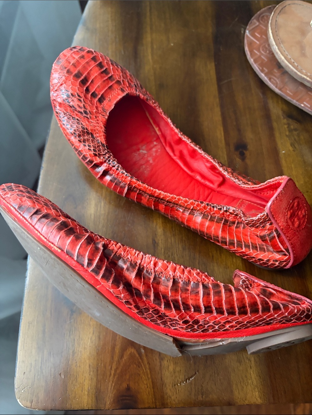 Tory Burch Red Snake-Embossed Leather Ballet Flats